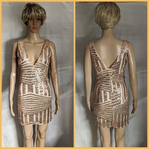 BBX Lephsnt rose gold sequin plunging v neck dress lined sz M